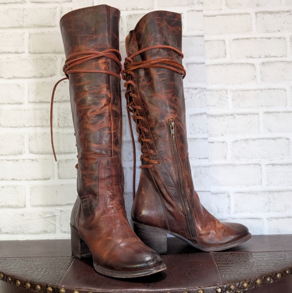 FreeBird By Steven COSMO Cognac Distressed Leather Back Lace Up Corset Boots 9 - Picture 4 of 13